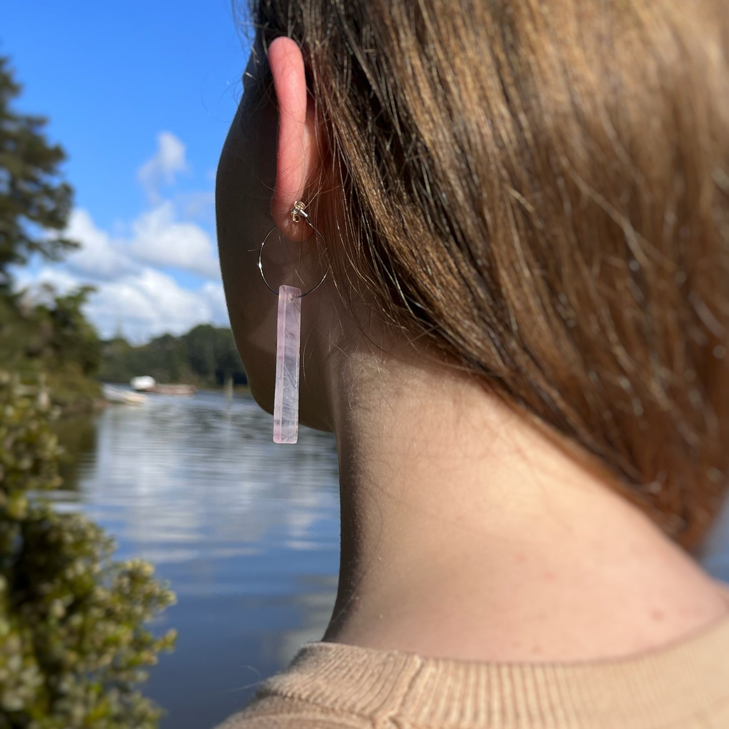 Long thin bar Earrings, 'Bubble gum' light pink glass