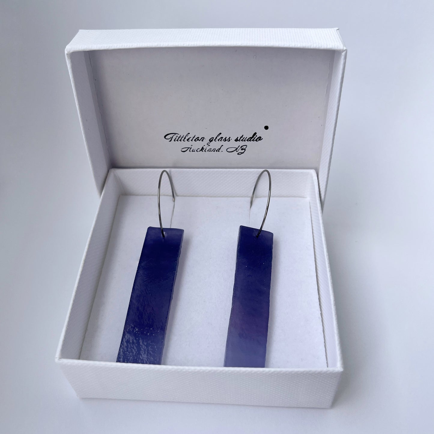 Long bar Earrings, 'Amethyst' purple glass