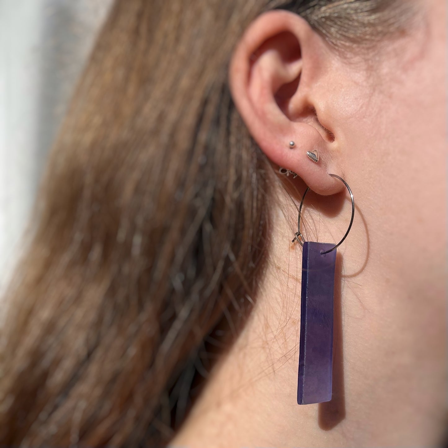 Long bar Earrings, 'Amethyst' purple glass