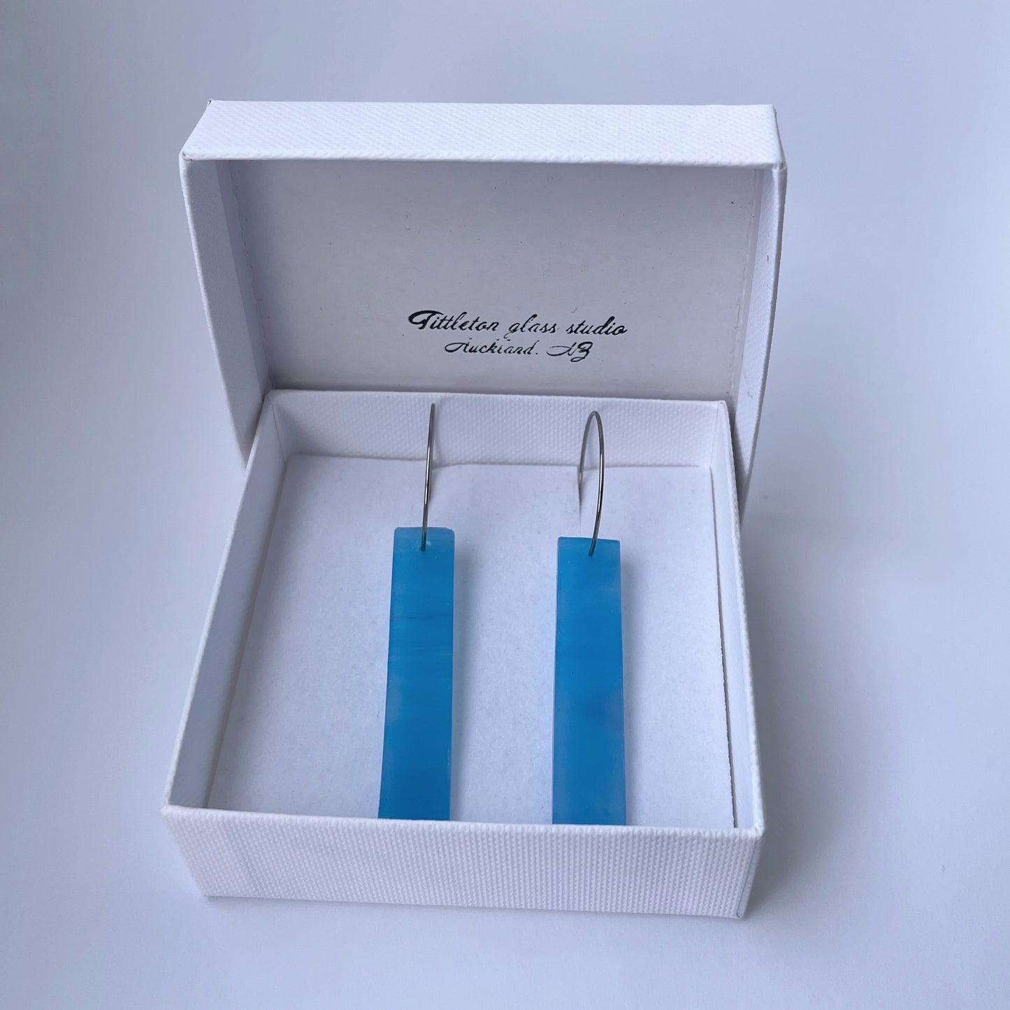 Earrings - Long thin bar, 'Cloudy sky' glass