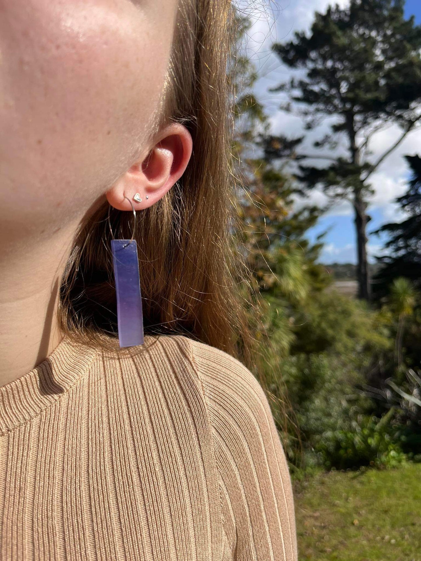 Long bar Earrings, 'Amethyst' purple glass