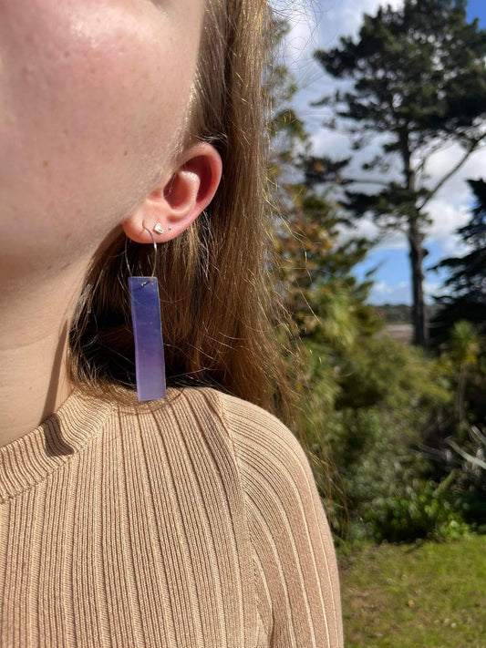 Long bar Earrings, 'Amethyst' purple glass