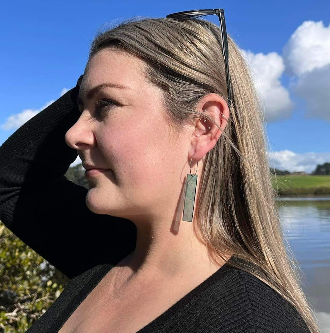 Long bar Earrings, 'Paua' glass